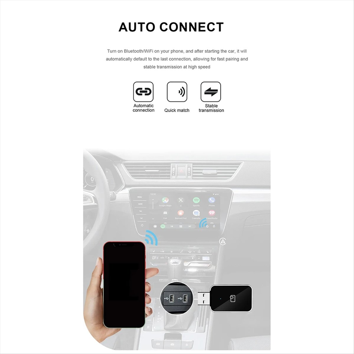 Wifi Smart Plug - เหมาะสำหรับอะแดปเตอร์ไร้สาย CarPlay และ Android Auto กล่องมินิอัจฉริยะแบบเสียบแล้วใช้งานได้ทันที